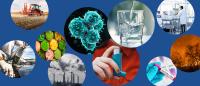 Collage of images including an smoke stacks, an inhaler, a glass of water, wildfires, a tractor, a scientist in a lab, a blood specimen marked lead, microbes and oil drums